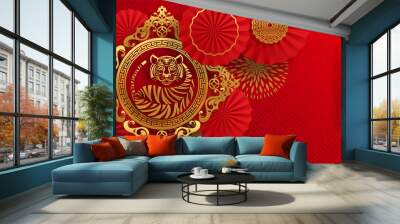 Chinese new year 2022 year of the tiger red and gold flower and asian elements paper cut with craft style on background.( translation : chinese new year 2022, year of tiger ) Wall mural