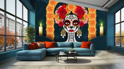 Day of the dead, Dia de los muertos, sugar skull with marigold flowers wreath on paper black color Background. Wall mural