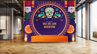 Day of the dead, Dia de los muertos 3d podium round, square stage with paper cut art elements craft style on background.

 Wall mural