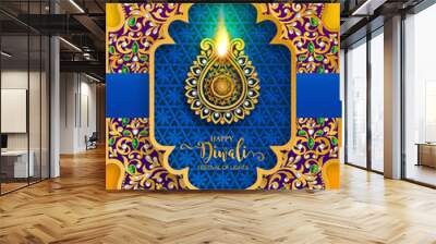 Diwali, Deepavali or Dipavali the festival of lights india with gold diya patterned and crystals on paper color Background. Wall mural