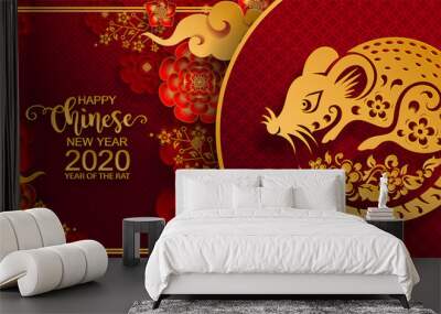 Happy chinese new year 2020 Zodiac sign with gold rat paper cut art and craft style on color Background.( Chinese Translation : Year of the rat ) Wall mural