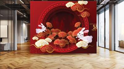 Happy chinese new year 2023 year of the rabbit zodiac sign, gong xi fa cai with flower,lantern,asian elements gold paper cut style on color Background. (Translation : Happy new year)
 Wall mural