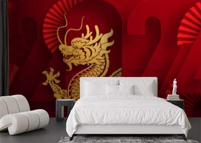 Happy chinese new year 2024 the dragon zodiac sign with flower,lantern,asian elements gold paper cut style on color background. ( Translation : happy new year 2024 year of the dragon ). Wall mural