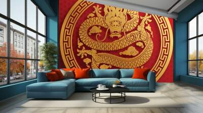 Happy chinese new year 2024 the dragon zodiac sign with flower,lantern,asian elements gold paper cut style on color background. ( Translation : happy new year 2024 year of the dragon ) Wall mural