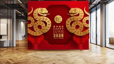 Happy chinese new year 2025 the snake zodiac sign with flower,lantern,asian elements red paper cut style on color background. ( Translation : happy new year 2025 year of the snake )
 Wall mural