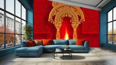 Happy Diwali festival card with gold diya patterned and crystals on paper color Background. Wall mural