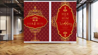 Indian wedding Invitation card templates with gold patterned and crystals on paper color Background. Wall mural