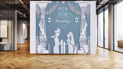 Indian wedding Invitation card templates with Paper art and craft style. on paper color. Wall mural