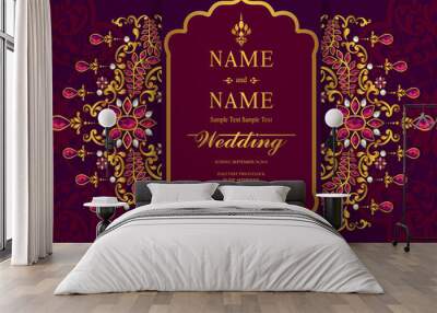 Indian wedding Invitation card templates with patterned and crystals on paper color. Wall mural