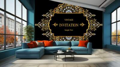 Wedding Invitation card templates with gold patterned and crystals on background color.  Wall mural