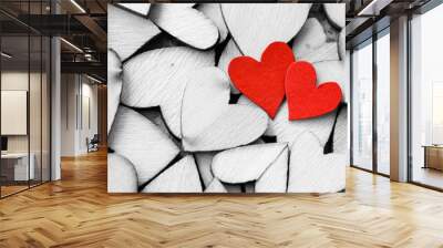 Vintage style of 2 red hearts with wooden hearts on a wooden background. Happy Valentine's Day concept. Wall mural