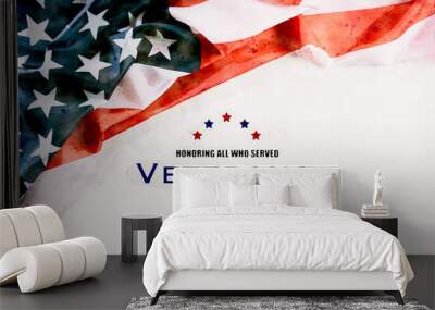 Watercolor painting Happy Veterans Day. American flags against a white background. Wall mural