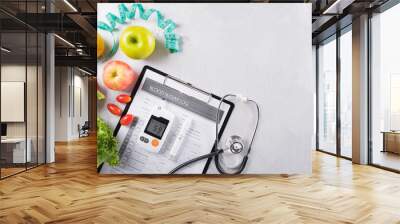 World diabetes day and healthcare concept. Diabetic measurement set, patient's blood sugar control and healthy food eating nutrition in plate on stone background. Wall mural