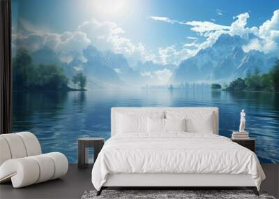 A beautiful blue lake with mountains in the background Wall mural