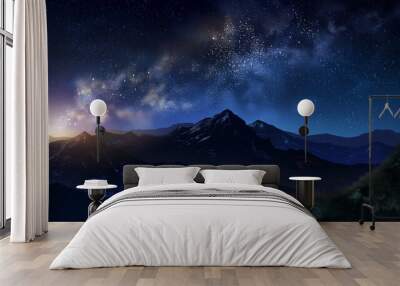 A beautiful night sky with a mountain range in the background Wall mural