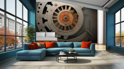 A large wall mural of a clock with a rusty gear Wall mural