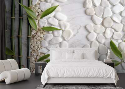 background of white stone and bamboo branches and leaves Wall mural