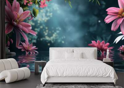 The background is springtime, with flowers over the water. Wall mural