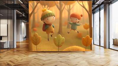  Two little kids playing and feel happy. Seamless children's panorama for your design. Template for advertising brochure or web site. Funny cartoon character. Wall mural