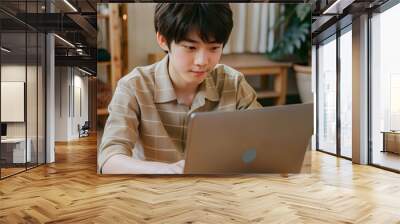 Asian boy uses a laptop computer mockup. Isolated screen for app, game or web site design presentation. Concept of working and playing on a computer Wall mural