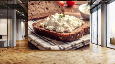 Healthy breakfast - wholemeal bread with quark and fresh chives, on a rustic wooden table, curd cheese, ricotta Wall mural