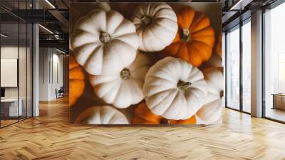 Many orange and white pumpkins on white background. Halloween concept. Wall mural