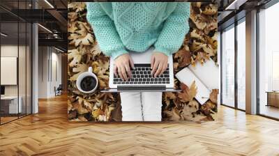 Woman sitting down in autumn leaves, using Laptop. Wall mural