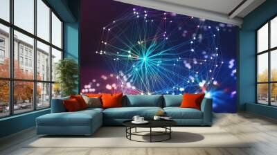 Artificial Neural Network. Big Data concept. Artificial intelligence in the technology of the future. 3D illustration of a polygonal mesh with bright flashes. Bokeh effect Wall mural