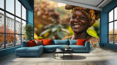 black woman smiling, collecting cocoa beans fresh in the forest, elephants in the background, label, chocolate business card, raw cocoa, Ivory Coast, Africa Wall mural