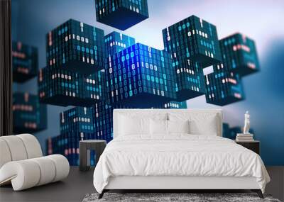 Blockchain Information flows in the digital global networks. 3D illustration of data cells with binary code elements. Wall mural