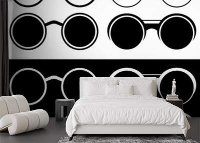 Collection of silhouettes of glasses with round lenses on black and white backgrounds. Set of vector icons and signs. Illustration with isolated objects. Wall mural