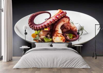 colorful octopus dish in white plate on dark background Wall mural