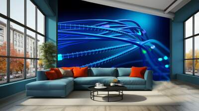 Data stream, network cable, neon lights twisted wire. 3D illustration of nanotechnology business solutions in internet communication Wall mural