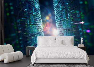 Digital city in space. Computer of future, circuit board and hardware 3d illustration. Wireless internet technologies. Database protection and secure transmission of information on blockchain network Wall mural