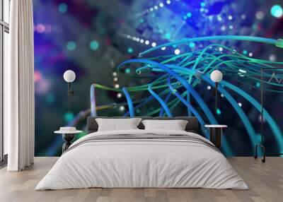 Digital technology. Web of global data. Network connections in the cyberspace of the future. 3D illustration of computer wires in an abstract, futuristic city Wall mural