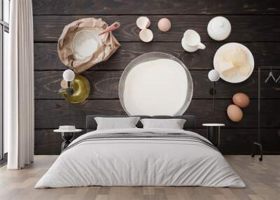 dough  and products for its preparation on  dark wooden backgrou Wall mural