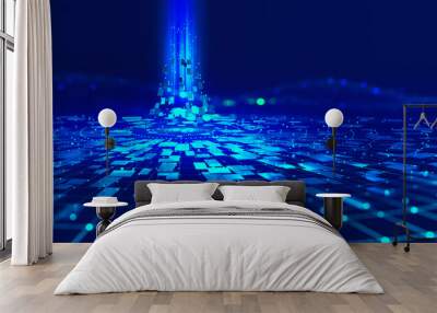 futuristic data stream 3d illustration. data transfer technology. cyberpunk, big data and cybersecur Wall mural