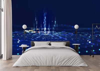 Futuristic data stream 3d illustration. Data transfer technology. Cyberpunk, Big data and cybersecurity. Cyberspace, blockchain transactions. Abstract technological background Wall mural