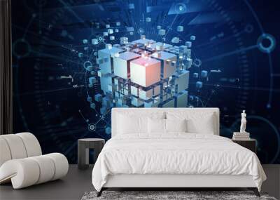 Hi-tech Square blocks are collected in a cubic array against the background of information fields. 3d illustration of blockchain abstract concept. Artificial intelligence learnability Wall mural