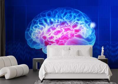 Human brain on a dark blue background. Digital illustration Wall mural