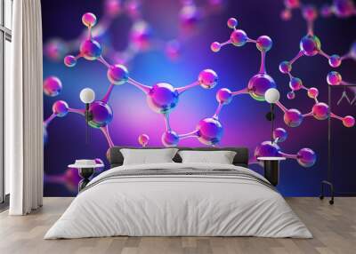 Medical studies of molecular structures. Science in the service of man. Technologies of the future in our life. 3D illustration of a molecule model in neon light Wall mural