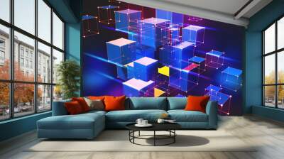 Neon light. Blockchain technology. Information block in the volumetric composition. Glowing edges on a dark background. Full-color 3D illustration of an array of cubes and a polygonal mesh. Wall mural