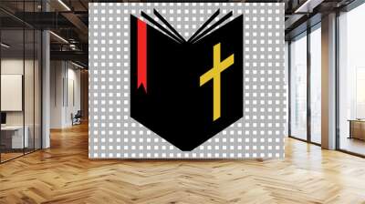 Open bible icon. Holy book with golden cross. Vector illustration on transparent background. Wall mural