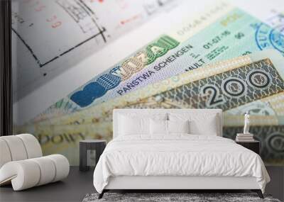 Polish visa and Polish money in the passport Wall mural