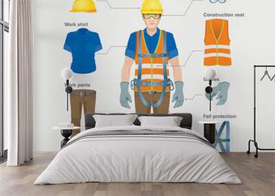 Required safety gear. Overalls. Safety at the construction site. Vector illustration for an information poster Wall mural