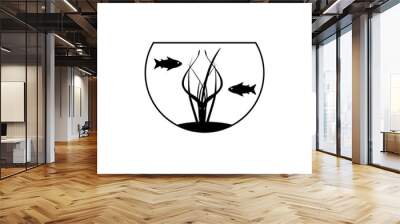 Round aquarium icon with fishes. Vector silhouette. Clipart and drawing. Isolated illustration on white background. Wall mural