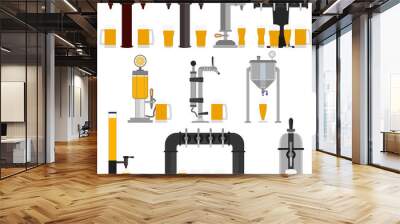 Set of beer equipment for bar including beer pump, dispenser with tap and handle and with set full glass beer mugs with foam. Pouring in beer glasses. Vector drawing. Illustration isolated flat icons. Wall mural