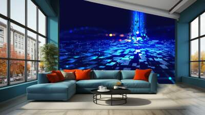 Smart city and big data connection technology concept 3d illustration. Sci-fi Skyline, Blue Neon lights. Wireless digital connection and internet of things future Wall mural