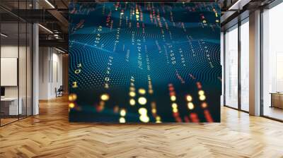 Terabytes of binary code data flying in a stream of information. Wavy field of coded blockchains. Neural network, points and numbers 3D illustration Wall mural