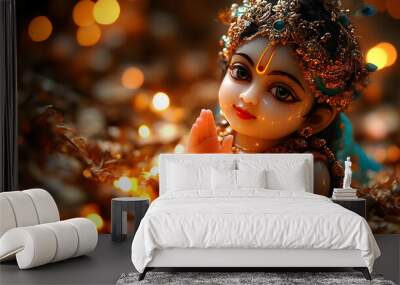 A beautifully crafted deity figurine adorned with intricate jewelry and surrounded by warm lights. Wall mural